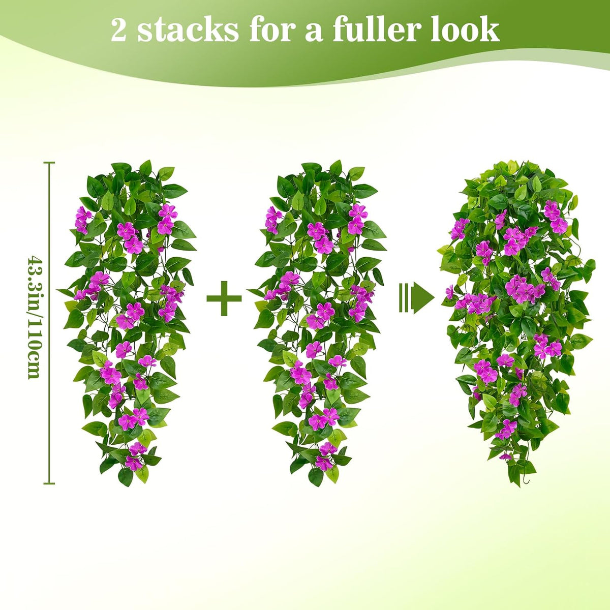BLEUM CADE Artificial Hanging Flowers for Outdoors, 4pcs Fake Hanging Plants Pothos Vines with Purple Flowers for Wall Home Living Room Indoor Outdoor Decor (No Baskets)