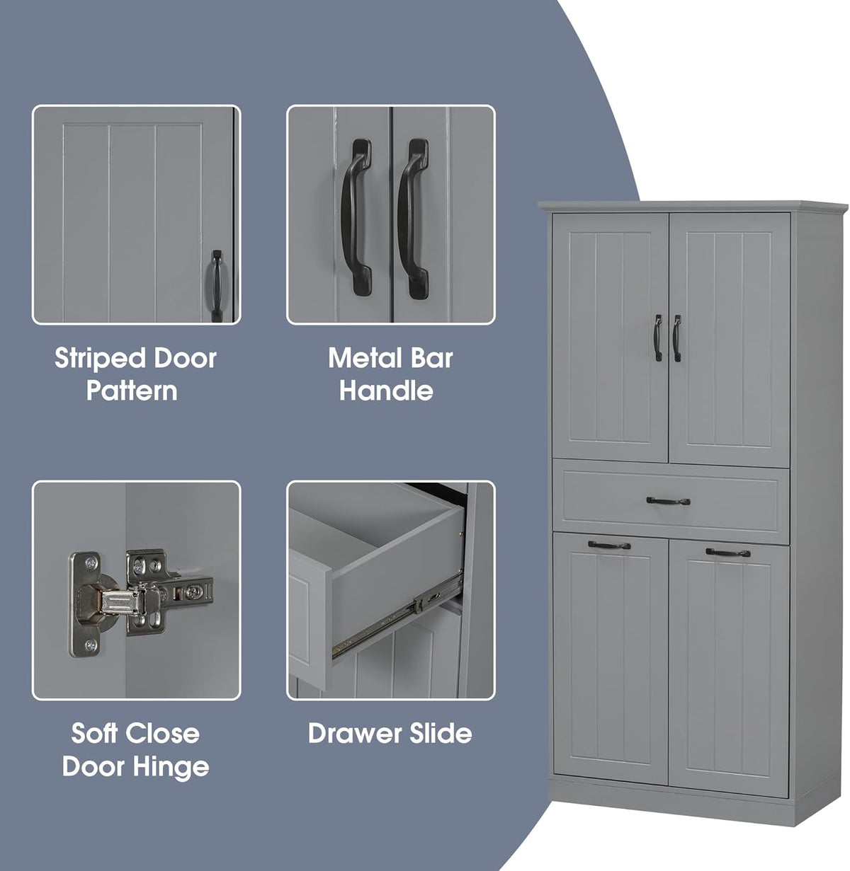 Merax 65.8" Pantry Cabinet with Two Doors & One Drawer & Two Laundry Hampers, Adjustable Shelves Storage Cupboard for Kitchen/Dining Room/Bathroom, Gray
