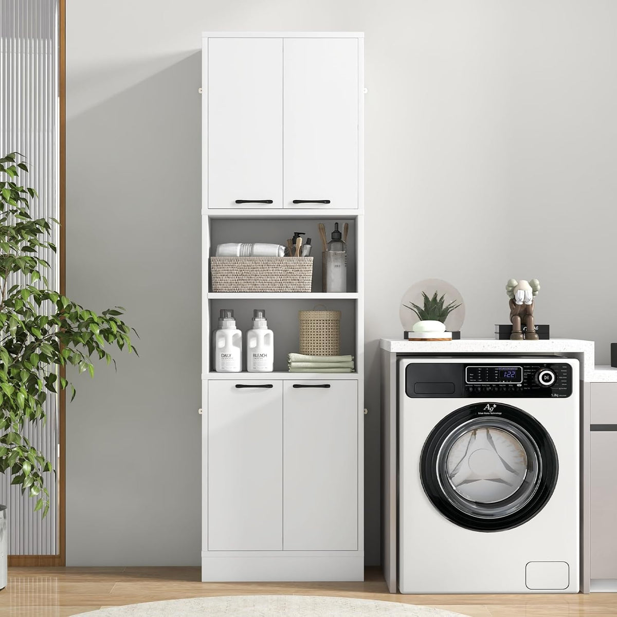 TANGZON 190CM Tall Kitchen Cupboard, 4-Door Storage Cabinet with Enclosed Cabinets, Open Compartments & Anti-tipping Kits, Freestanding Wooden Tall Sideboard for Pantry Dining Living Room (White)