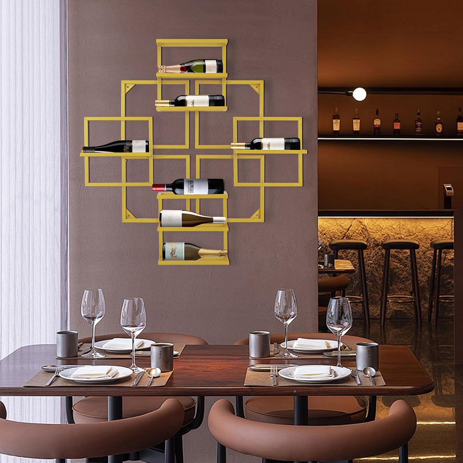 Modern Wall Mounted Wine Rack, Geometric Gold Steel Wine Storage Shelf with 8 Bottles Capacity, Home Decoration for Home Bars, Living Room, Kitchens, Restaurants