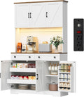 ELYKEN 71" Kitchen Pantry Cabinet with Charging Station & LED Lights, Tall Kitchen Storage Cabinet with Hutch, Farmhouse Pantry with Door Shelf & Pull Out Shelf for Dining Room Kitchen, White