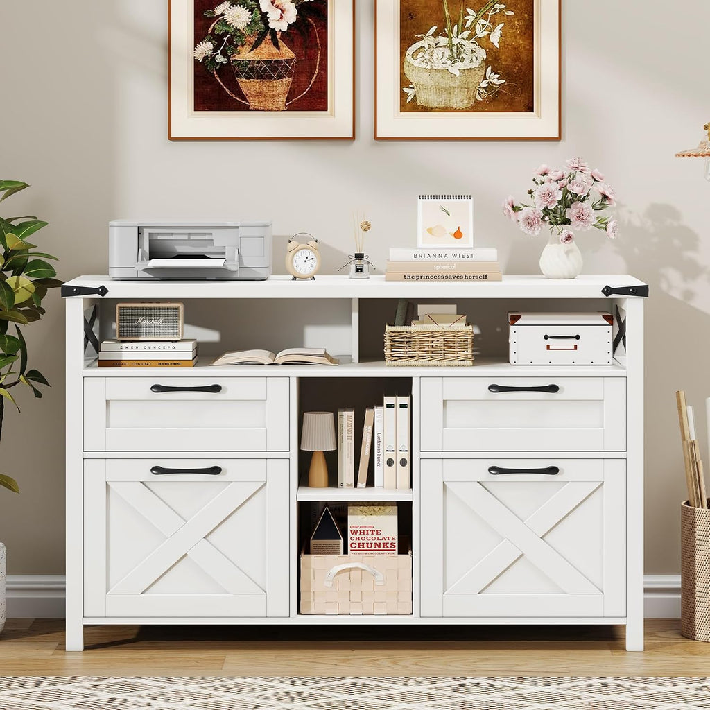 Halitaa File Cabinet with Open Storage Shelf for Home Office, White | Farmhouse, Lateral Filing Organization Storage Cabinets, 4 Drawers, Adjustable Shelf, Hanging Files Letter/A4