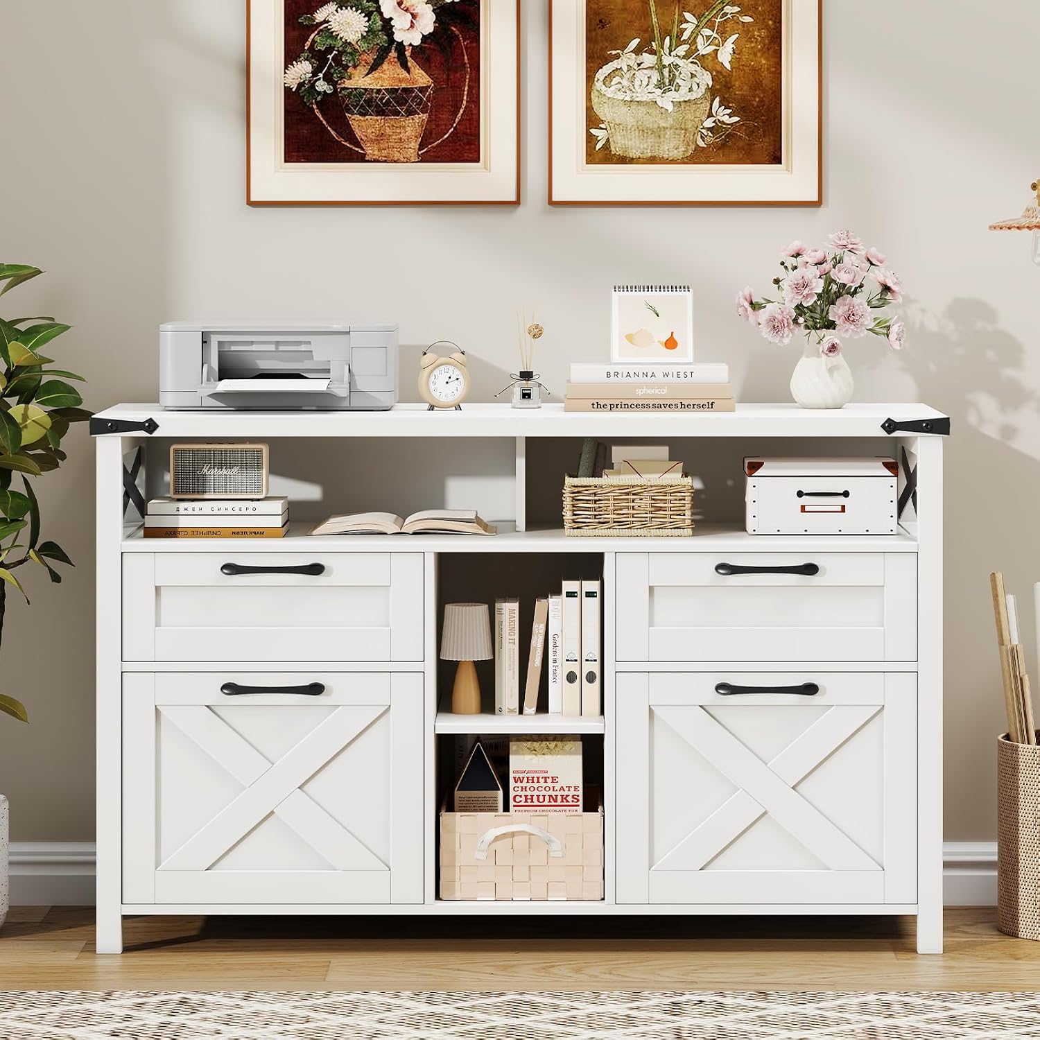 Halitaa File Cabinet with Open Storage Shelf for Home Office, White | Farmhouse, Lateral Filing Organization Storage Cabinets, 4 Drawers, Adjustable Shelf, Hanging Files Letter/A4