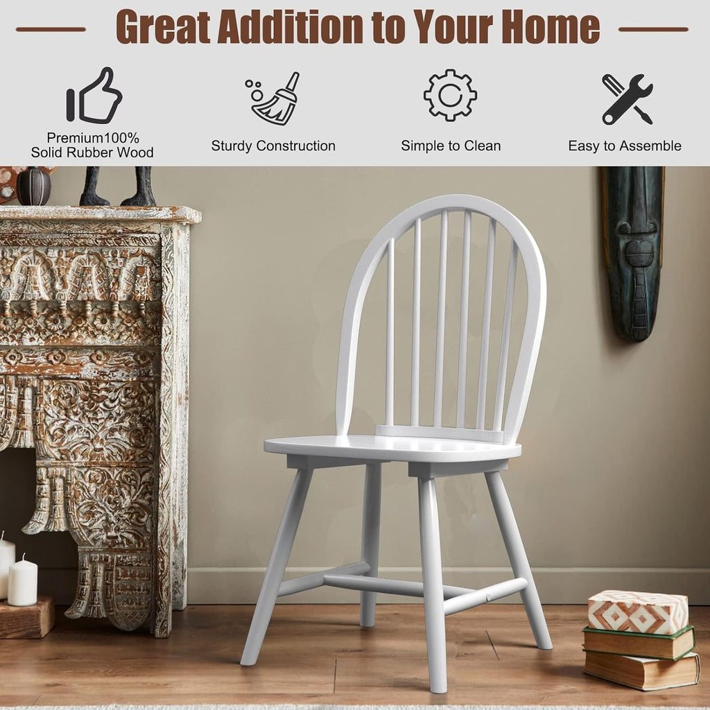 COSTWAY Windsor Dining Chairs Set of 2, Mid-Century Modern Wood Chairs w/Spindle Back & Reinforced H-Shaped Legs, Farmhouse Armless Kitchen Chair for Living Dining Room, Restaurant (White)