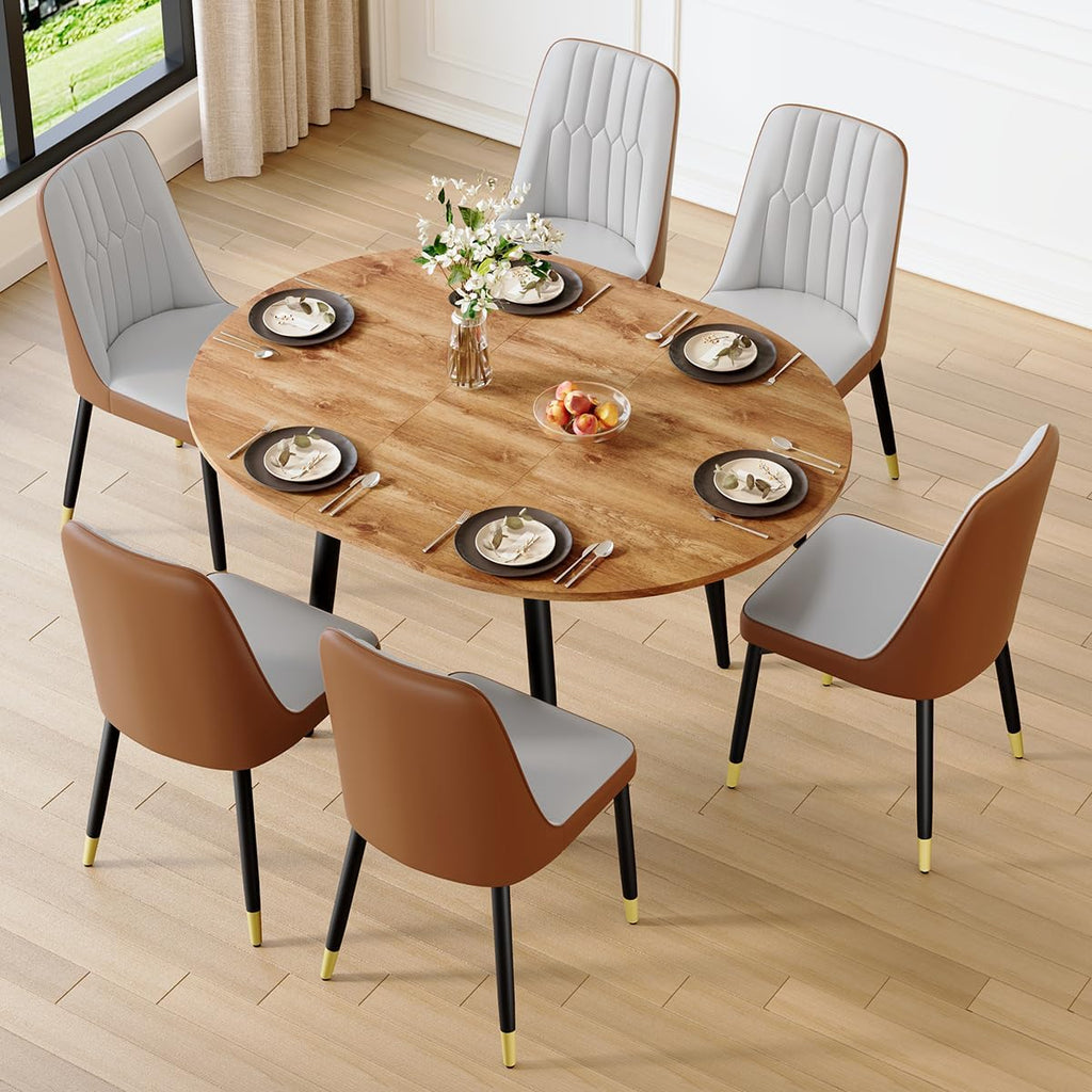 Wood Dining Table Set for 6｜ 42" Round to 54" Oval Dining Table Set for 6｜Wood Extendable Dining Room Table with Thick Cushion PU Chairs｜Stable and Sturdy｜Space Saving｜Easy Assembly