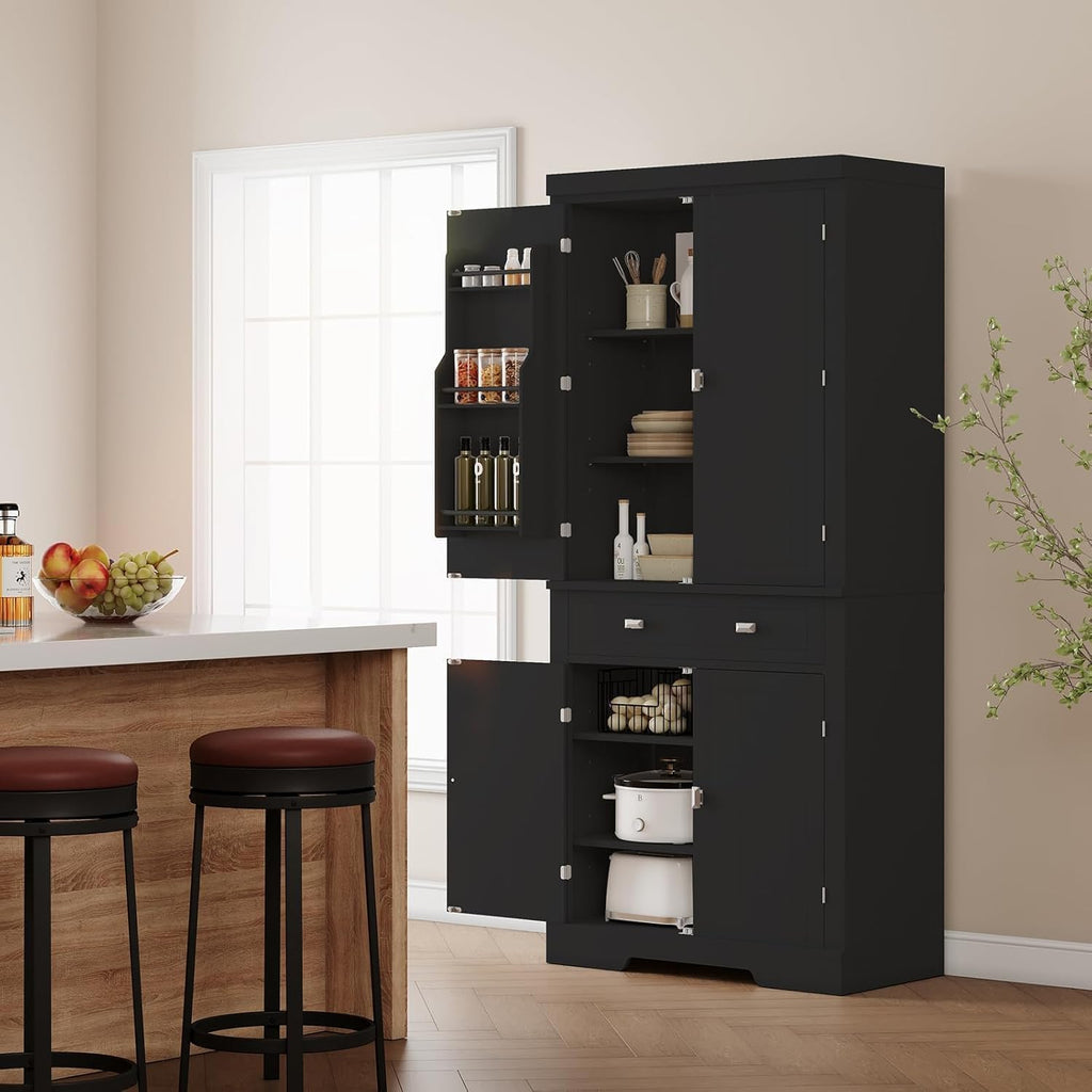 71.7 Inch Kitchen Pantry Cabinet,Freestanding High Cupboard Bathroom Storage Cabinet with 2 Drawer & Cabinets, 3 Adjustable Shelves, 6 Door Shelves,for Living Room, Kitchen Black