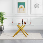 Gold Glass Dining Table for 4 Modern 51.2" Rectangular Kitchen Dining Room Table for 4 with X-Shape Metal Base Large Clear Glass Top Dining Tables for Home Kitchen