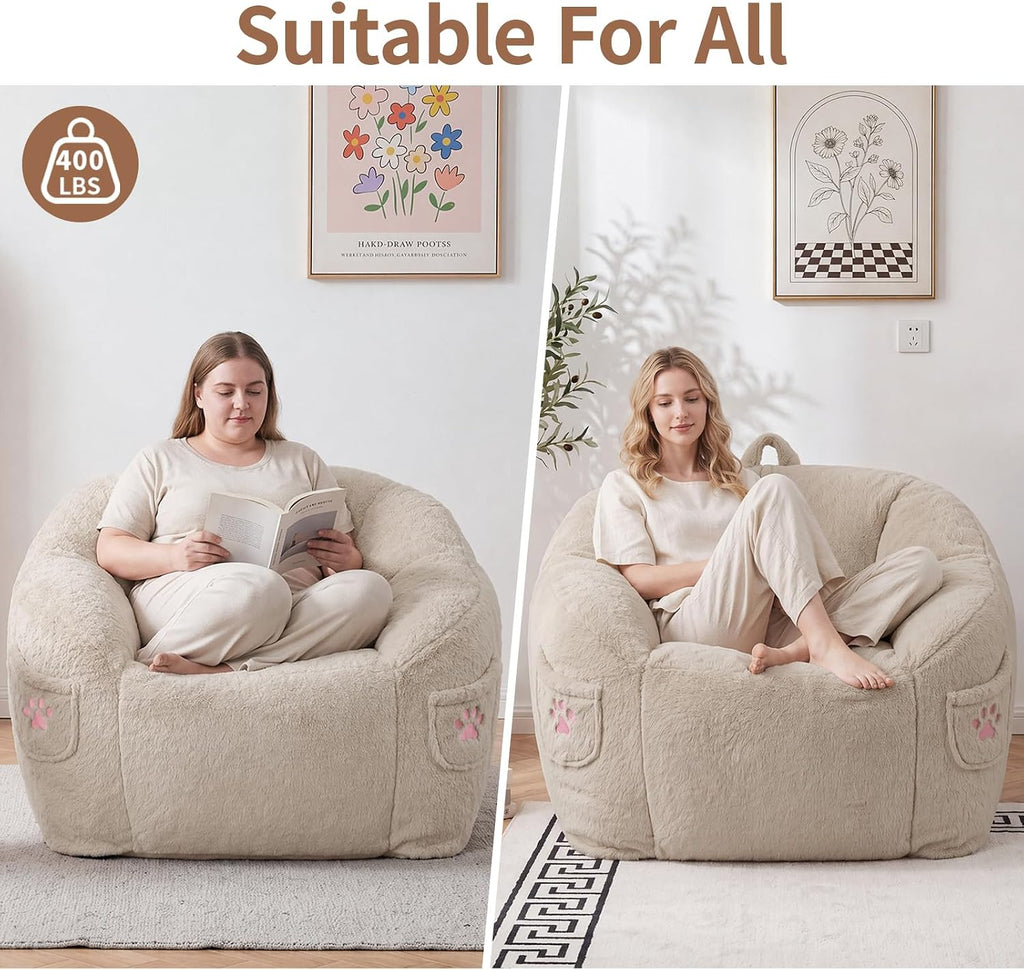 Vipbear Cat Paw Bean Bag Chair with Air-Cushion, Oversized Sofa Chair Khaki | 39", air-cushion filling, cat paw Pocket, carry handle, oversized firm support, ergonomic, plush faux fur, gaming, reading