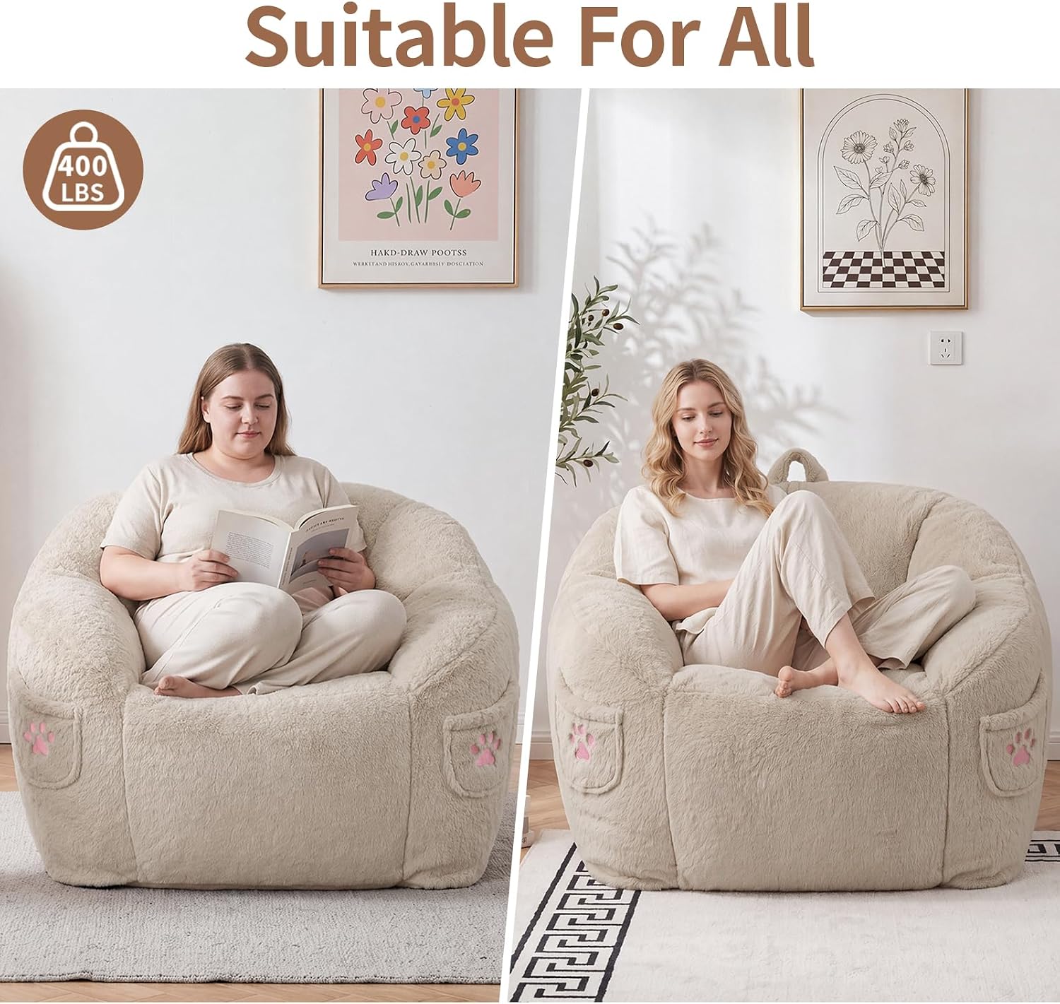 Vipbear Cat Paw Bean Bag Chair with Air-Cushion, Oversized Sofa Chair Khaki | 39", air-cushion filling, cat paw Pocket, carry handle, oversized firm support, ergonomic, plush faux fur, gaming, reading