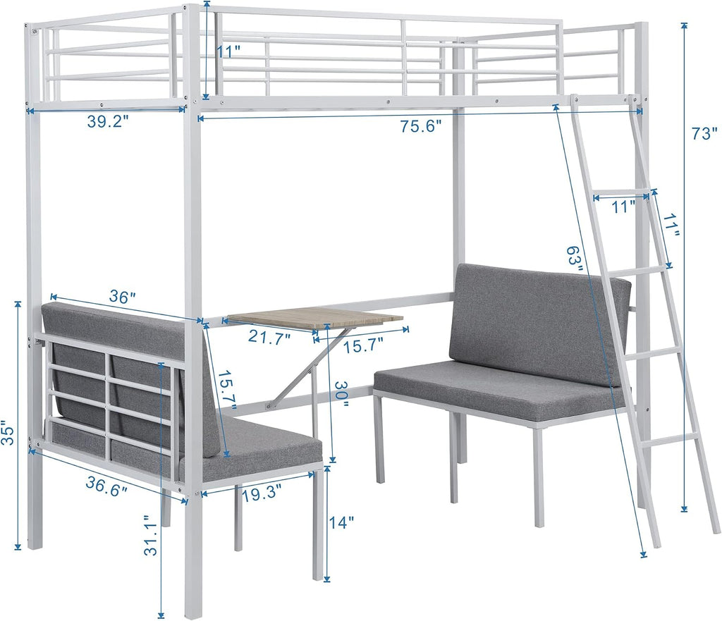 Twin Size Metal Loft Bed with Built-in Wooden Table and Upholstery Chairs Set for Kids Teens, Full Length Guardrails Inclined Ladder, Bedroom, Dorm, Space Saving (White-with Built-in Table)