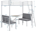 Twin Size Metal Loft Bed with Built-in Wooden Table and Upholstery Chairs Set for Kids Teens, Full Length Guardrails Inclined Ladder, Bedroom, Dorm, Space Saving (White-with Built-in Table)