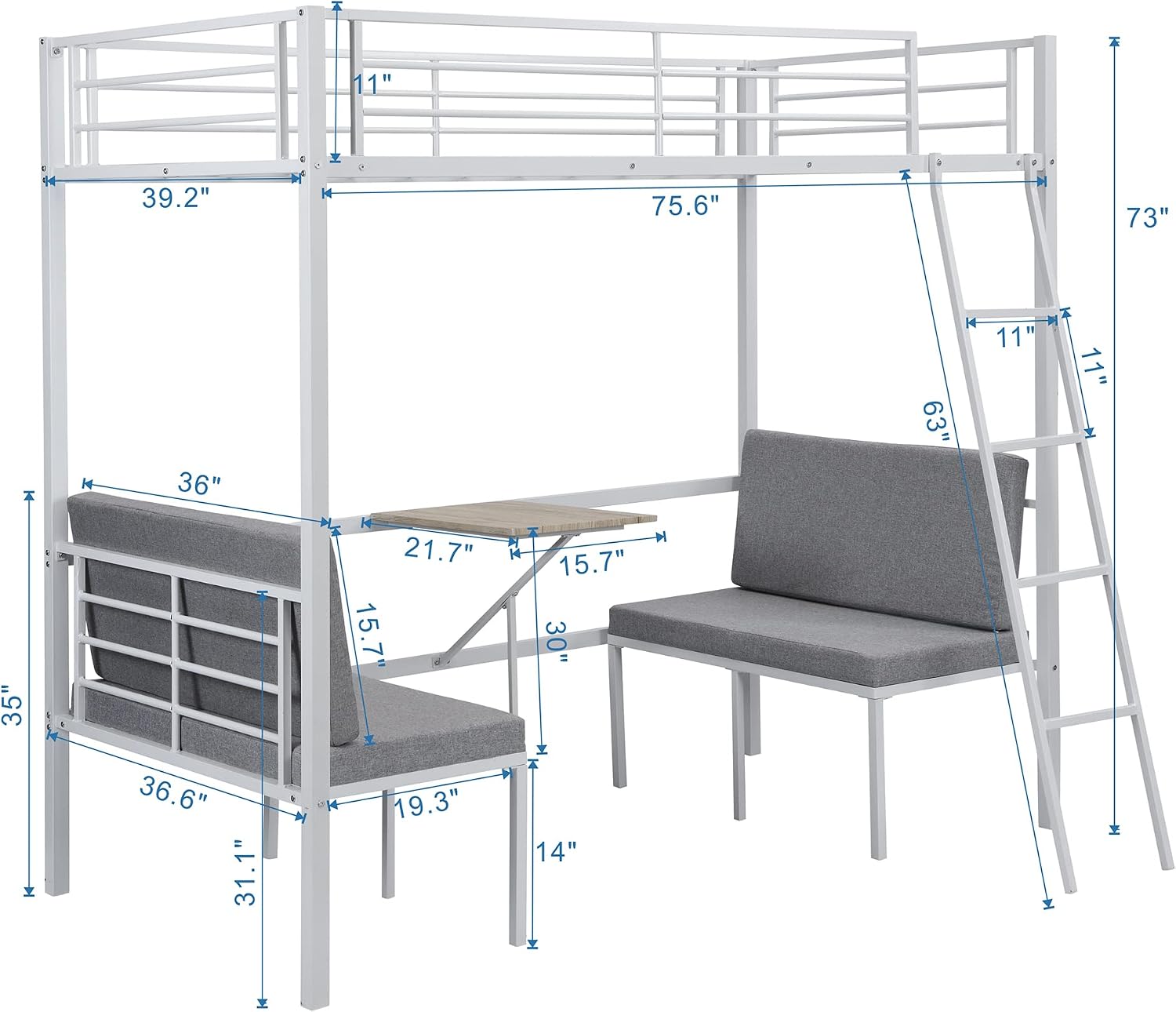 Twin Size Metal Loft Bed with Built-in Wooden Table and Upholstery Chairs Set for Kids Teens, Full Length Guardrails Inclined Ladder, Bedroom, Dorm, Space Saving (White-with Built-in Table)