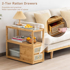Bamboo & Rattan Side Table with Glass Top – 2-in-1 End Table and Bedside Cabinet with Drawer Storage for Small Spaces, Bedroom, Living Room, Nature