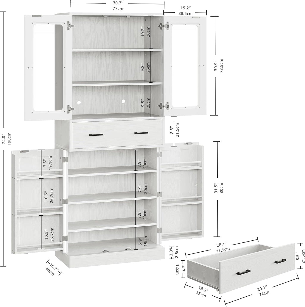 IRONCK 74.8" Tall Kitchen Pantry, Storage Cabinet with LED Lights, Kitchen Cabinet with Acrylic Glass Door, Drawer and Adjustable Shelves, for Dining Room, White