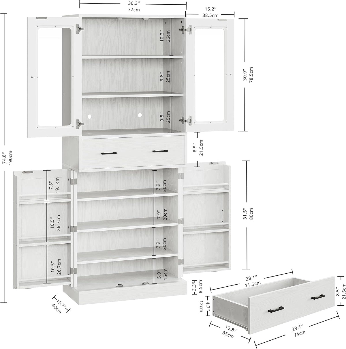 IRONCK 74.8" Tall Kitchen Pantry, Storage Cabinet with LED Lights, Kitchen Cabinet with Acrylic Glass Door, Drawer and Adjustable Shelves, for Dining Room, White