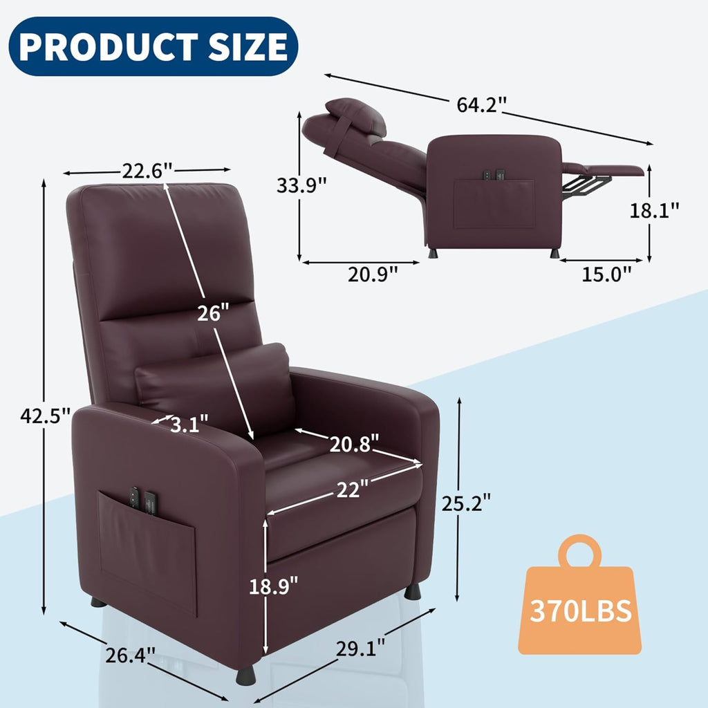 GarveeHome Power Recliner Chair - Heat and Massage, Adjustable Electric Recliner Ergonomic PU Leather Single Sofa, Tall Back, Padded Seat, Home Theater Seating for Living Room