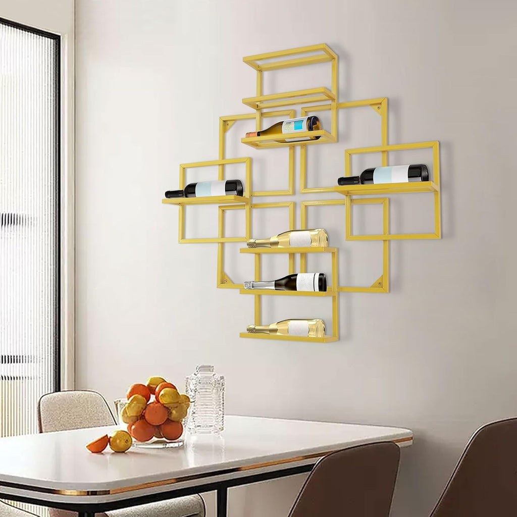 Modern Wall Mounted Wine Rack, Geometric Gold Steel Wine Storage Shelf with 8 Bottles Capacity, Home Decoration for Home Bars, Living Room, Kitchens, Restaurants