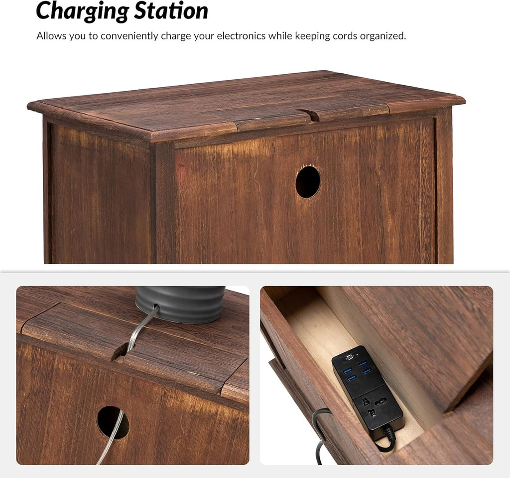 End Table with Charging Station, Wood Side Table with 2 Drawers Organizer, Farmhouse Accent Table for Living Room and Sofa, Walnut