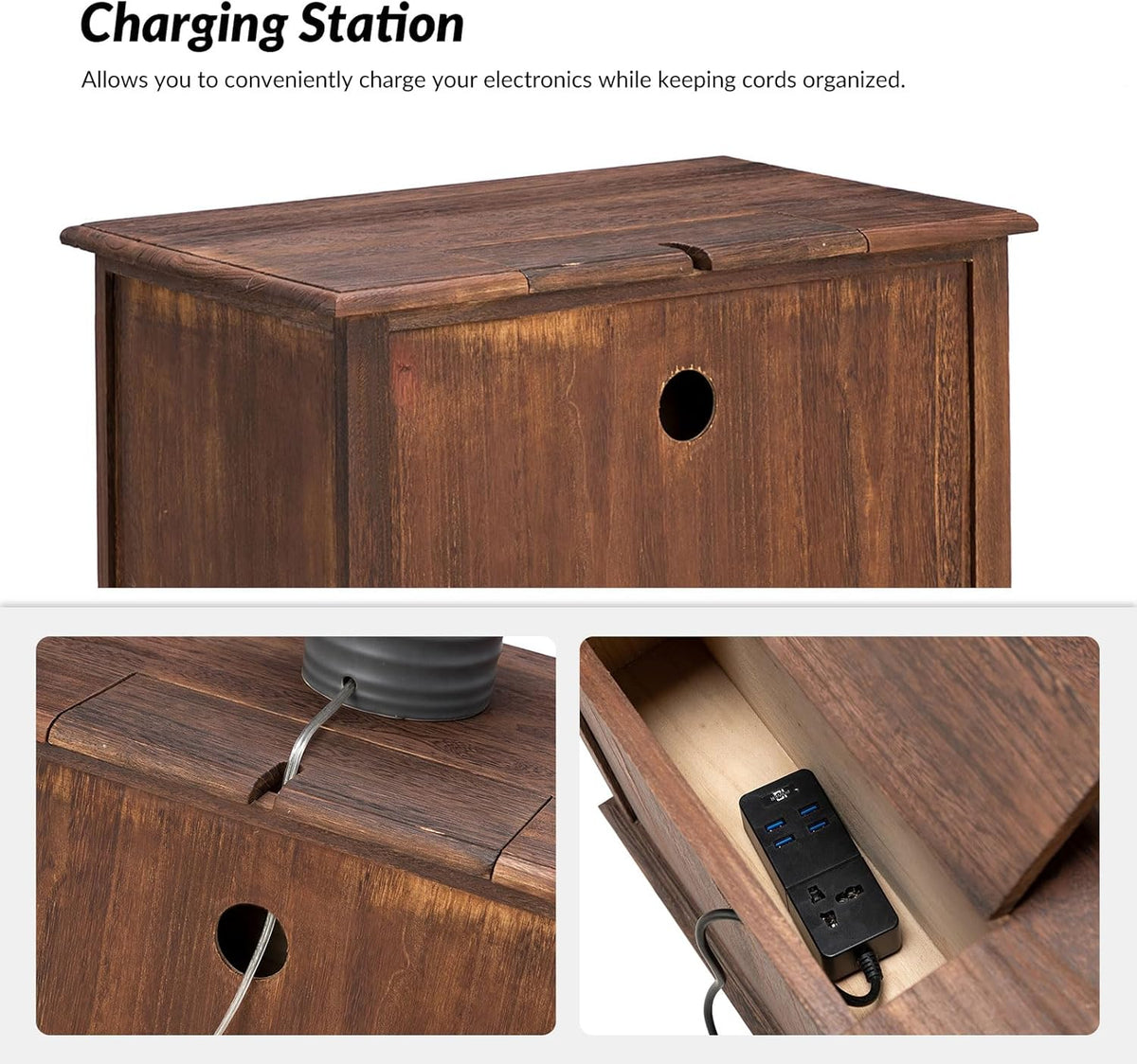 End Table with Charging Station, Wood Side Table with 2 Drawers Organizer, Farmhouse Accent Table for Living Room and Sofa, Walnut