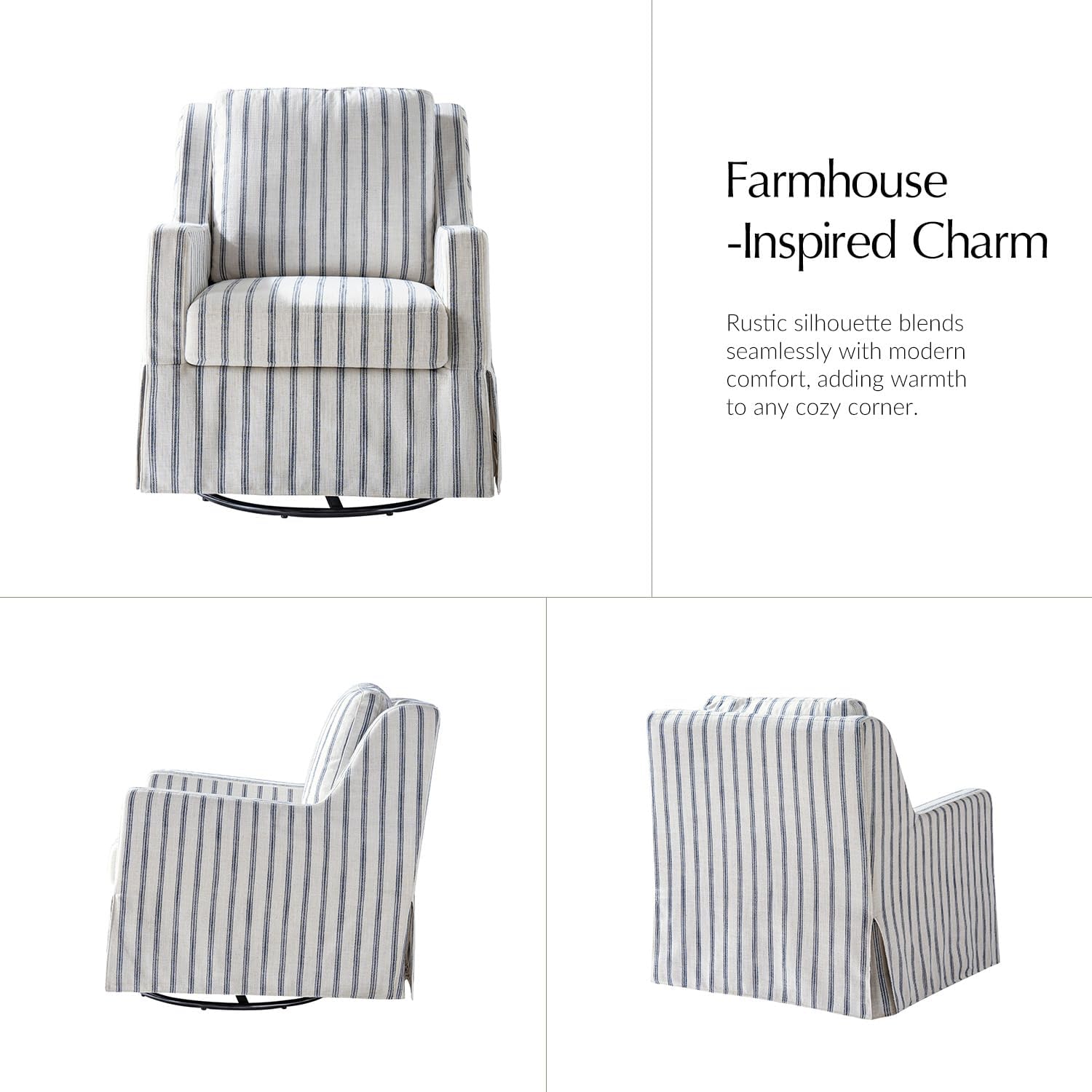 HULALA HOME Farmhouse Swivel Rocker Chair with Washable Slipcover, Navy