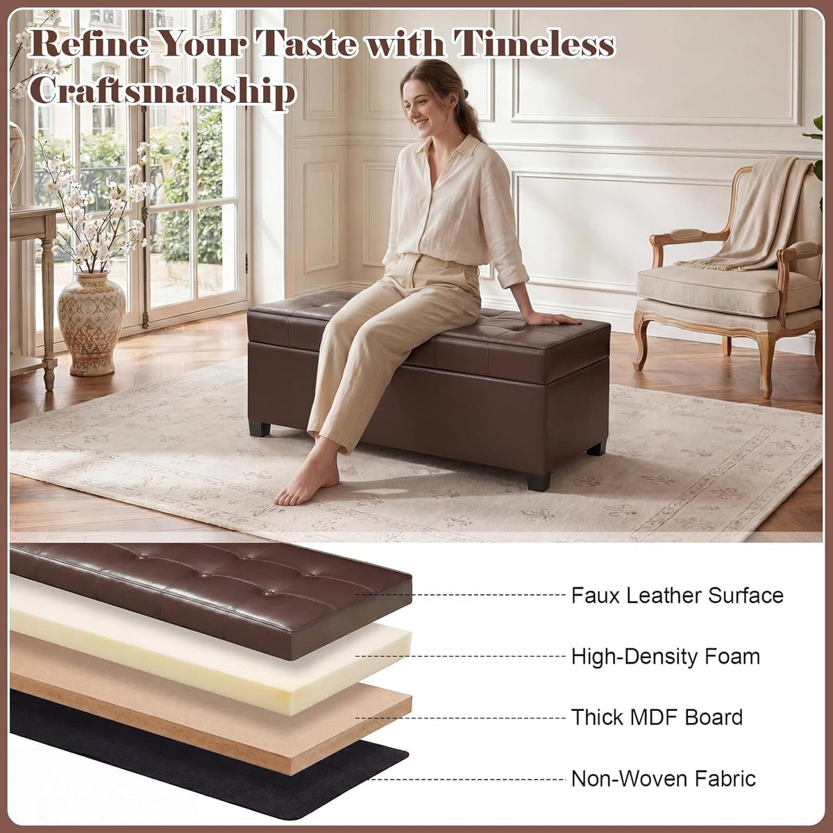 Homebeez 40" Faux Leather Storage Ottoman Bench, End of Bed Bench, Upholstered Bench with Storage for Living Room,Bedroom,Entryway (40" Brown)