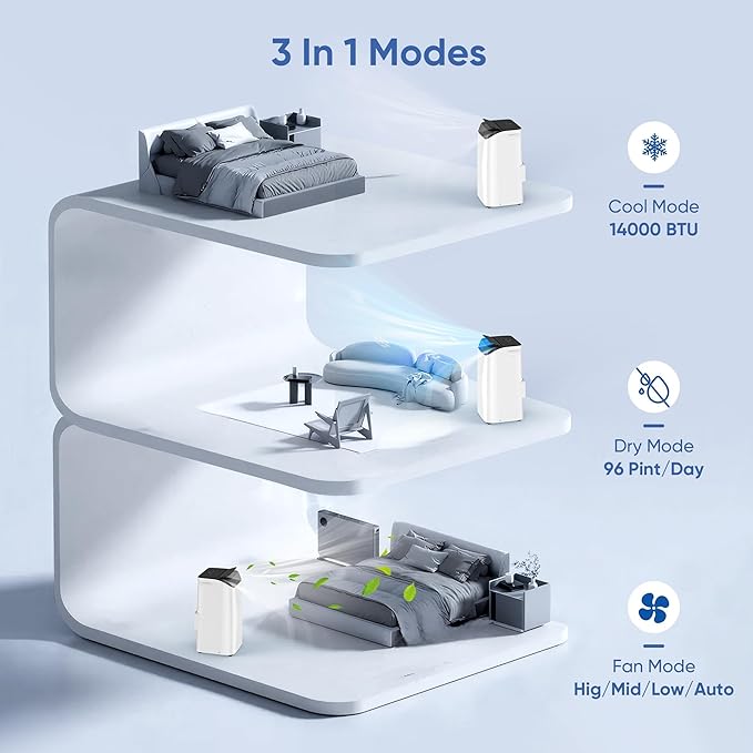 14000 BTU Portable Air Conditioners,Cooling,Fan,Dehumidification,Sleep Mode for Large Rooms up to 700 Sq.Ft,AC Unit with Remote Control,24H Timer,Installation Kits Included