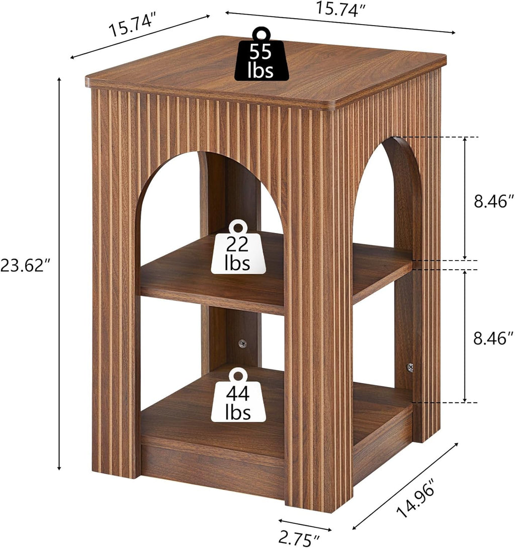 weselon End Table Set of 2, Mid-Century Modern Side Table with 3-Tier Storage Shelves and Arched Carving Lines, Square Fluted Nightstand for Living Room, Bedroom, or Office (2, Walnut)