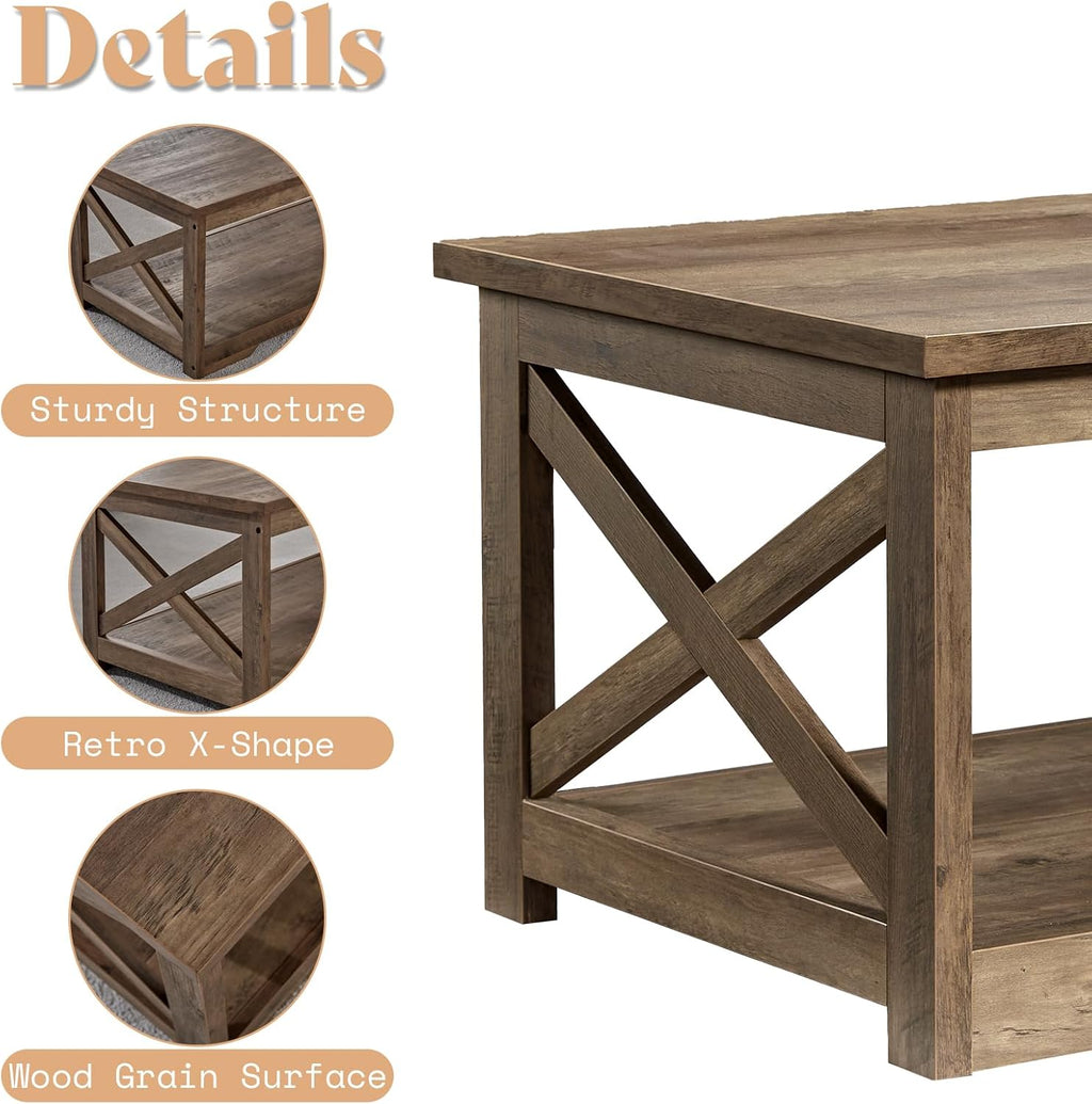 AMERLIFE 3 Piece Farmhouse Living Room Coffee Table Set, Barnwood | Coffee Table & 2 End Tables with Charging Station and USB Ports, Farmhouse Style, Barn Door Design, Living Room Furniture