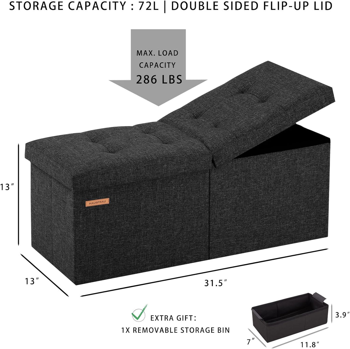 HAUSFRAU Ottoman with Storage Bench Folding Foot Rest Stool Linen Black | 31.5", Flip Lid, Small Upholstered Foldable Footrest Footstool, Bedroom Bench, Living Room Dorm Ottoman, Rectangle