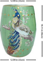 Hand-Painted Floral Bird Ceramic Drum Stool - Oriental Artistry Storage Ottoman, Accent Seat, End Table (Peacock‘s Majestic Bloom（Green）)