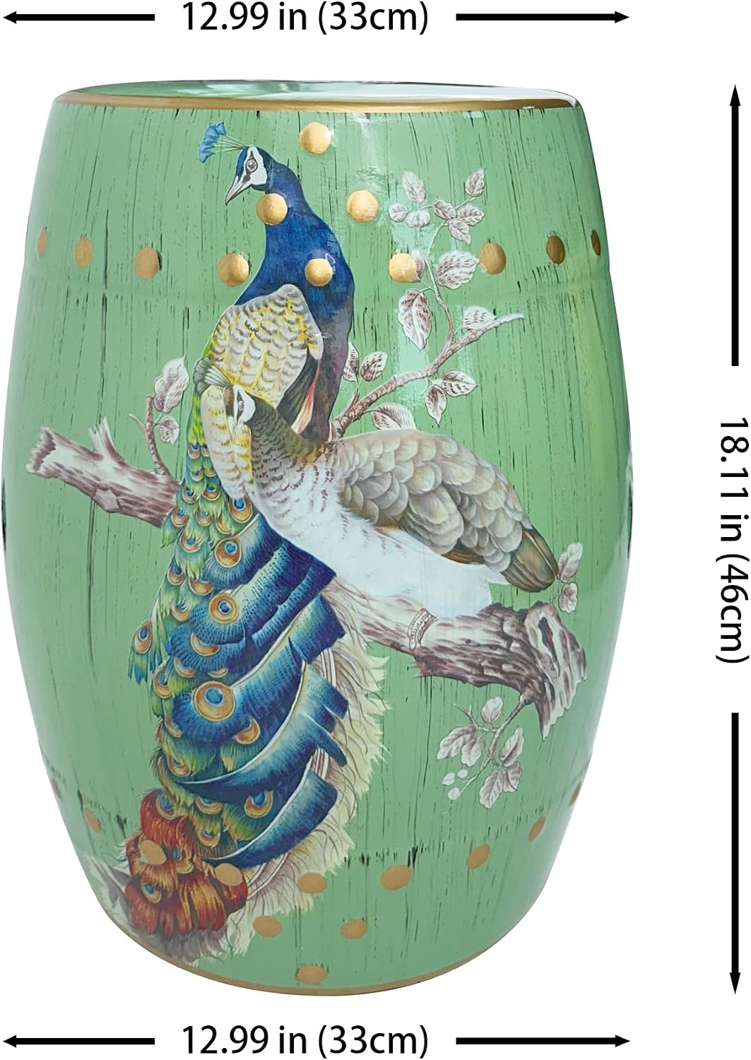 Hand-Painted Floral Bird Ceramic Drum Stool - Oriental Artistry Storage Ottoman, Accent Seat, End Table (Peacock‘s Majestic Bloom（Green）)