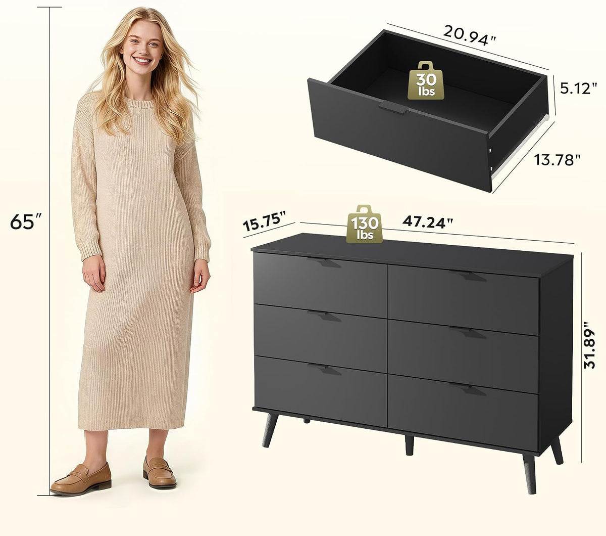 6-Drawer Moden TV Stand | Tall TV Console with Sturdy Metal Handles for Living Room，Black