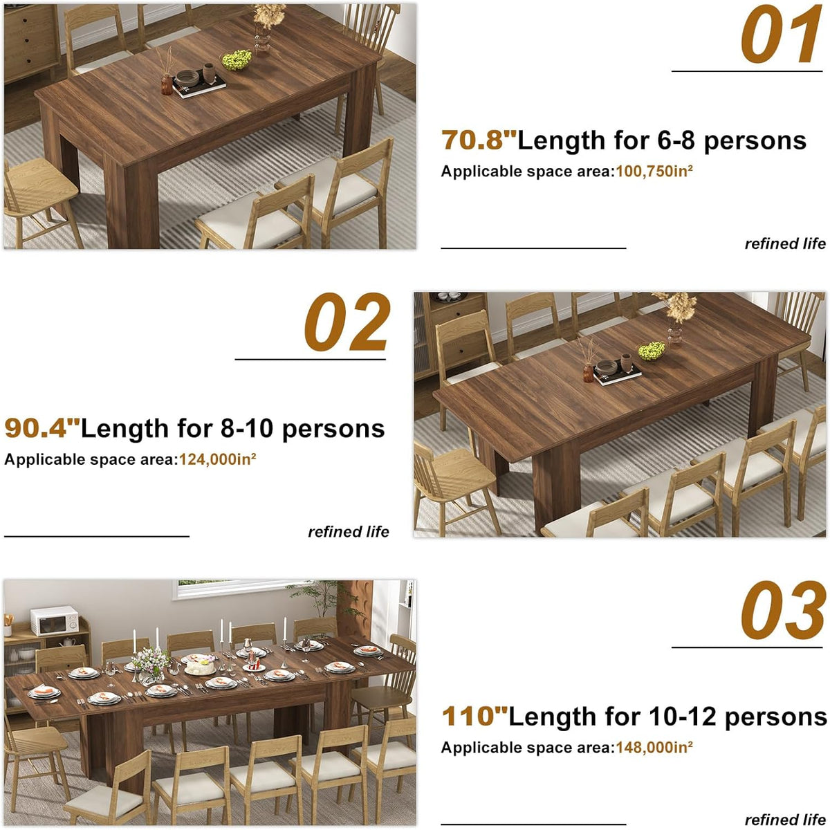 70.8"-110" Extendable Dining Table for 6-12 Person, Wooden Dining Room Table, Modern Extendable Table for Gatherings, Meeting for Small Kitchens, Dining Office Areas(Walnut)