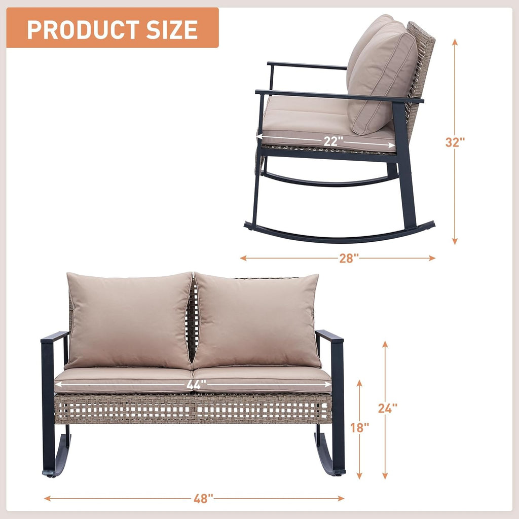 Ainfox Outdoor Wicker Loveseat Rocking Chair, Patio Rattan Rocker Chair with Cushions，All-Weather Modern Cozy Rocking Wicker Furniture for Garden Backyard Porch, Khaki