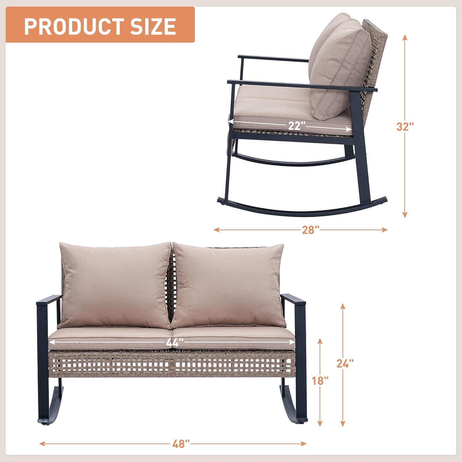 Ainfox Outdoor Wicker Loveseat Rocking Chair, Patio Rattan Rocker Chair with Cushions，All-Weather Modern Cozy Rocking Wicker Furniture for Garden Backyard Porch, Khaki