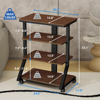Rfiver 4-Tier AV Media Stand with Wheels, Mobile Rack Audio Tower with Height Adjustable Shelves, Wooden Stereo Racks and Stands, Stereo Stand for Record Player, TV Box, Corner Entertainment Center