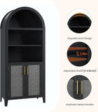 IDEALHOUSE Arched Kitchen Pantry Cabinet with Doors - 5-Tier Open Display Shelf with Rattan Decor, Farmhouse Storage Cabinet for Kitchen, Dining Room, Living Room, Black