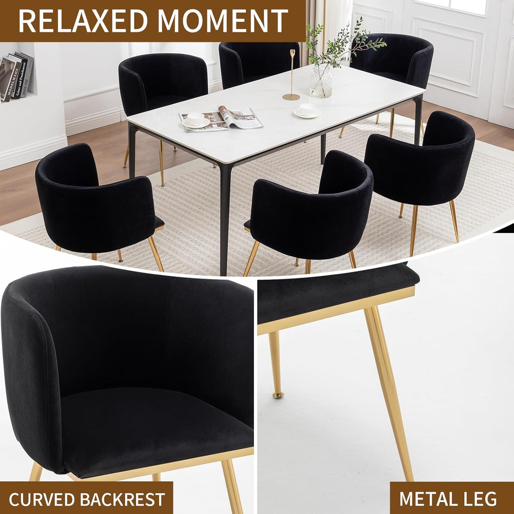 Canxkun Velvet Dining Chairs Set of 4, Barrel Dining Chairs with Gold Metal Legs, Modern Upholstered Dining Room Chair for Dining Room, Kitchen, Vanity (Black)