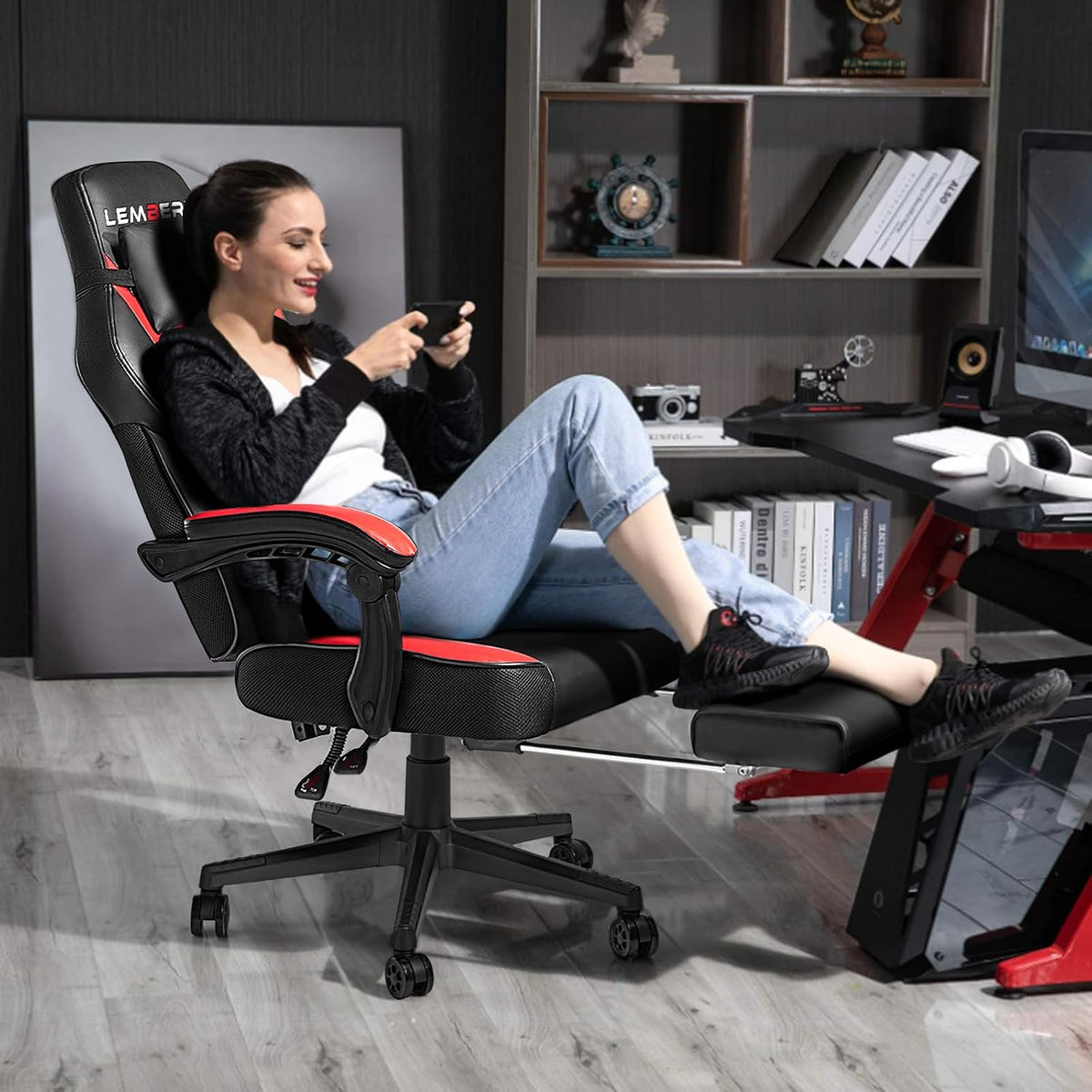 LEMBERI Big and Tall Gaming Chair, 400lb Capacity, Red | Heavy-duty steel frame, wide seat & high back, PU leather, reinforced footrest, linkage armrests for PC desk & office
