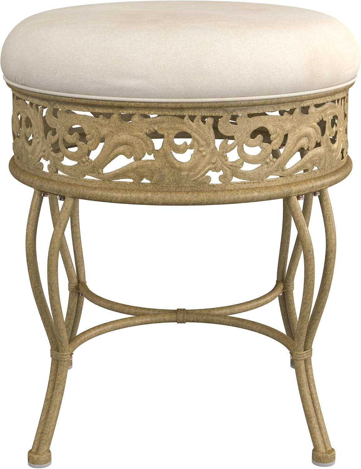 Hillsdale Villa III Backless Metal Vanity Stool with Ornate Lattice Detailing, Antique Beige