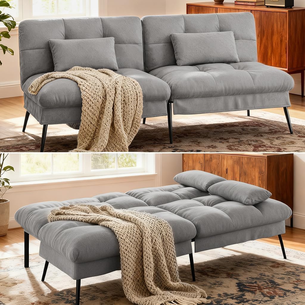 COMHOMA 72″ Convertible Futon Sofa Bed, Adjustable Backrest, Grey | Breathable Fabric Futon Couch with Pillows,Multi-angle Ergonomic Reclining,Space-saving Sleeper Sofa for Living Room