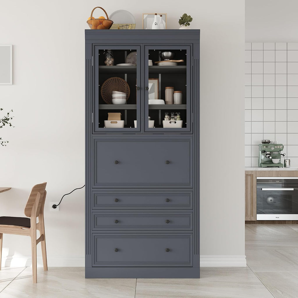 JIJIWANG 78" Tall Freestanding Kitchen Pantry Storage Cabinet,Multifunctional Cupboard with 3 Drawers,Adjustable Shelves and Power Outlet for Office, Kitchen,Dining Room,Grey
