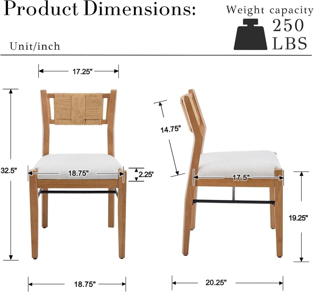 BESTANO Modern Armless Dining Chairs with Rope Woven Back Set of 2, Beige Linen Fabric Upholstered Kitchen & Dining Room Chairs, Mid-Century Classic Farmhouse Wooden Side Chair