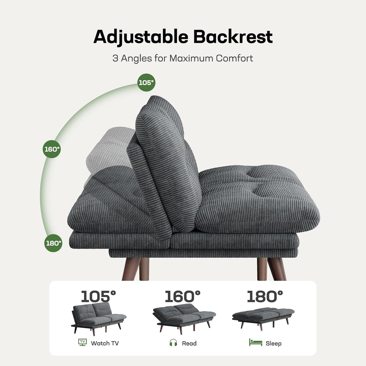 Marsail 66" Futon Sofa Bed, Convertible Corduroy Futon Couch with Adjustable Backrest & Armrests, Small Sleeper Sofa Loveseat for Living Room, Apartment, Office, Light Gray