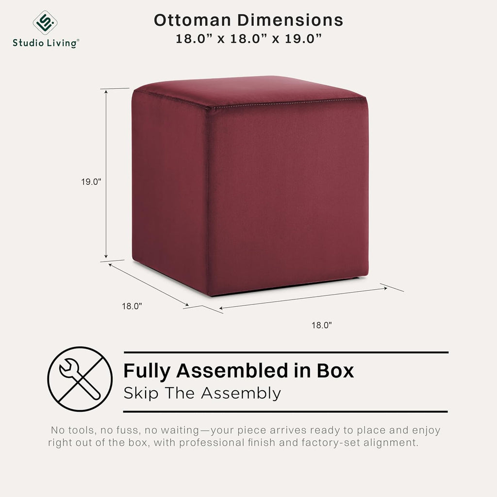 Studio Living® 18” Warren Ottoman Square Soft Velvet Bench, Stationary Ottomans, Backless Chair, Footrest for Living Room, Footstool Office, Bedroom, Padded Seat, Plum