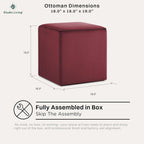 Studio Living® 18” Warren Ottoman Square Soft Velvet Bench, Stationary Ottomans, Backless Chair, Footrest for Living Room, Footstool Office, Bedroom, Padded Seat, Plum