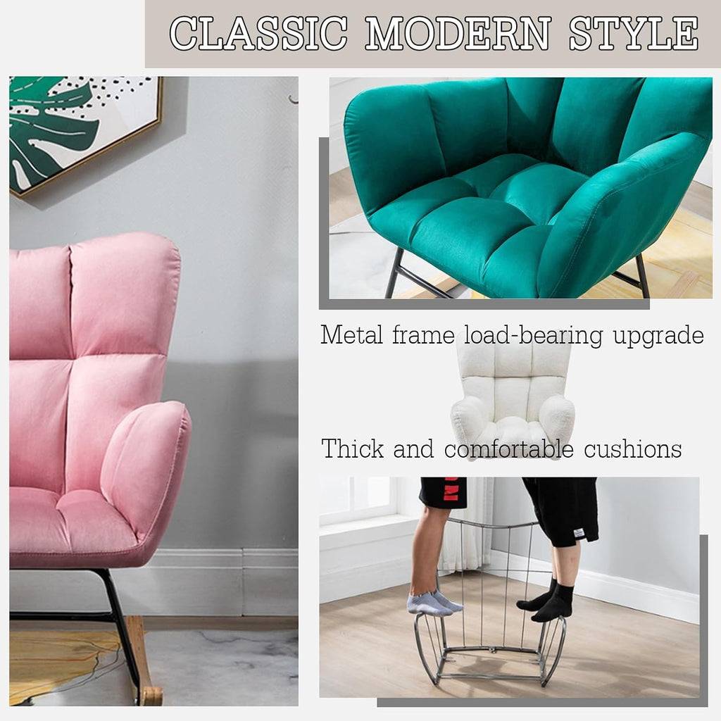 Modern Indoor Bedroom Rocking Chair with Cushion, Indoor Bedroom Upholstered Rocking Chair, Sofa Chair, Modern Lounge Chair for Balcony, for Balcony Living Room Bedroom,Emerging Green