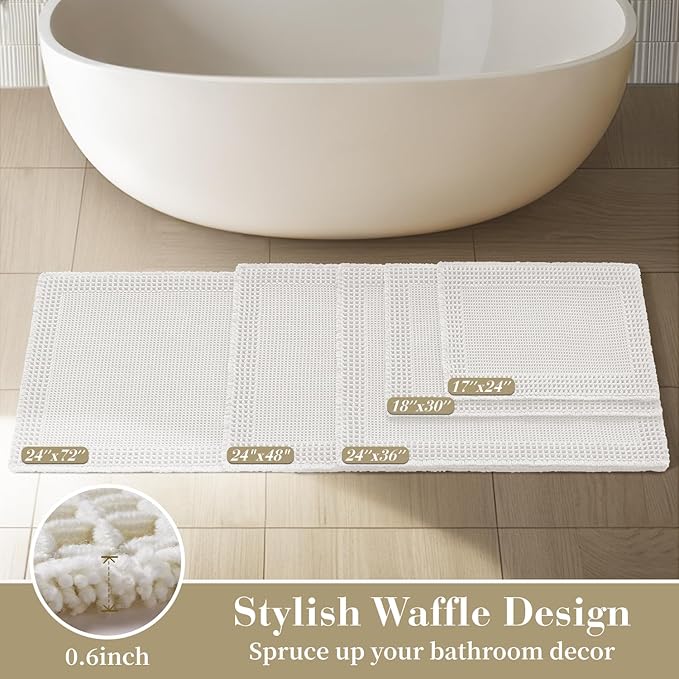 RESARE Waffle Bath Mat, Super Absorbent Non Slip, Machine Washable, Ultra Soft Boho Bath Rugs with Tassels, Upgraded Bordered Design, 17"x24" White