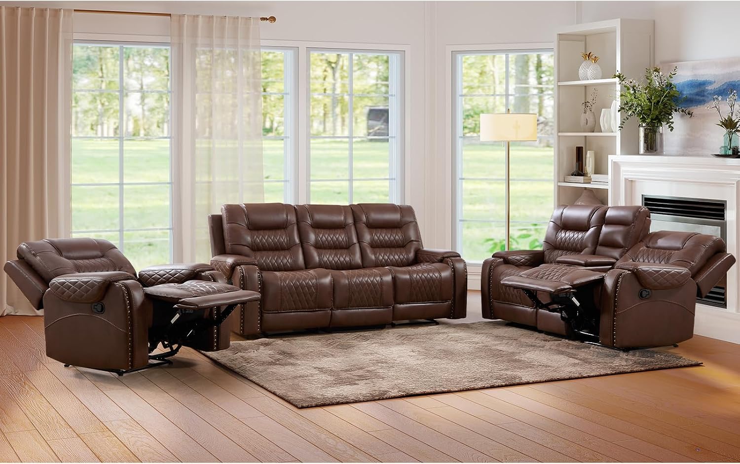 EBELLO 3PCS Faux Leather Recliner Sofa Furniture Set, Included Recliner Chair, Manual Loveseat and 3 Seat Reclining Sofa Couch, Vintage Rivet Mid-Century Modern Design for Living Room, Brown