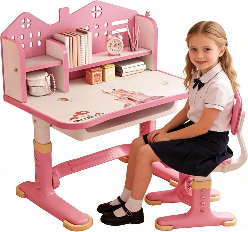 Kids Functional Desk Chair Set,Kids Desk and Chair Set, Height Adjustable Children School Study Desk with Castle Backboard, Widened Desktop, Bookstand and Storage Drawer (Pink)